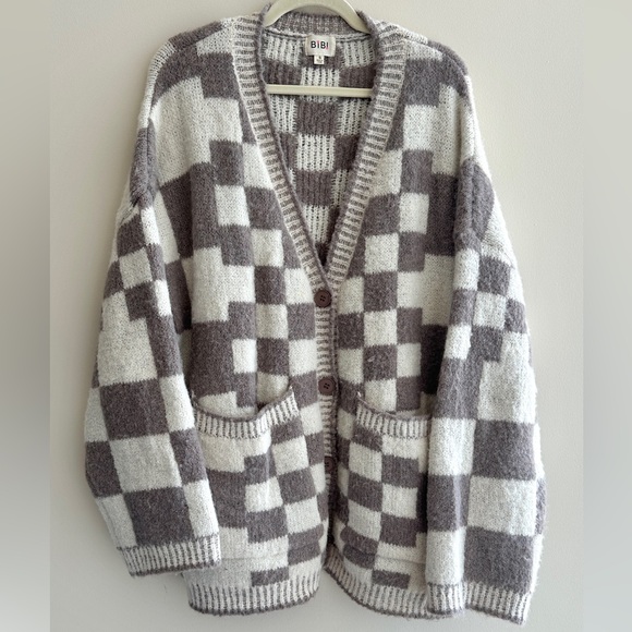 BiBi Sweaters - BIBI Oversized Chunky Grey and White Checkered Boyfriend Cardigan, Size Small